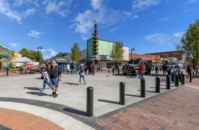 Fixed bollards lining a pedestrian plaza