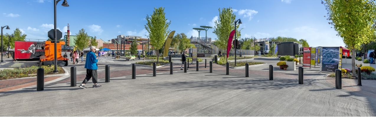 Bollards protecting a busy pedestrian plaza